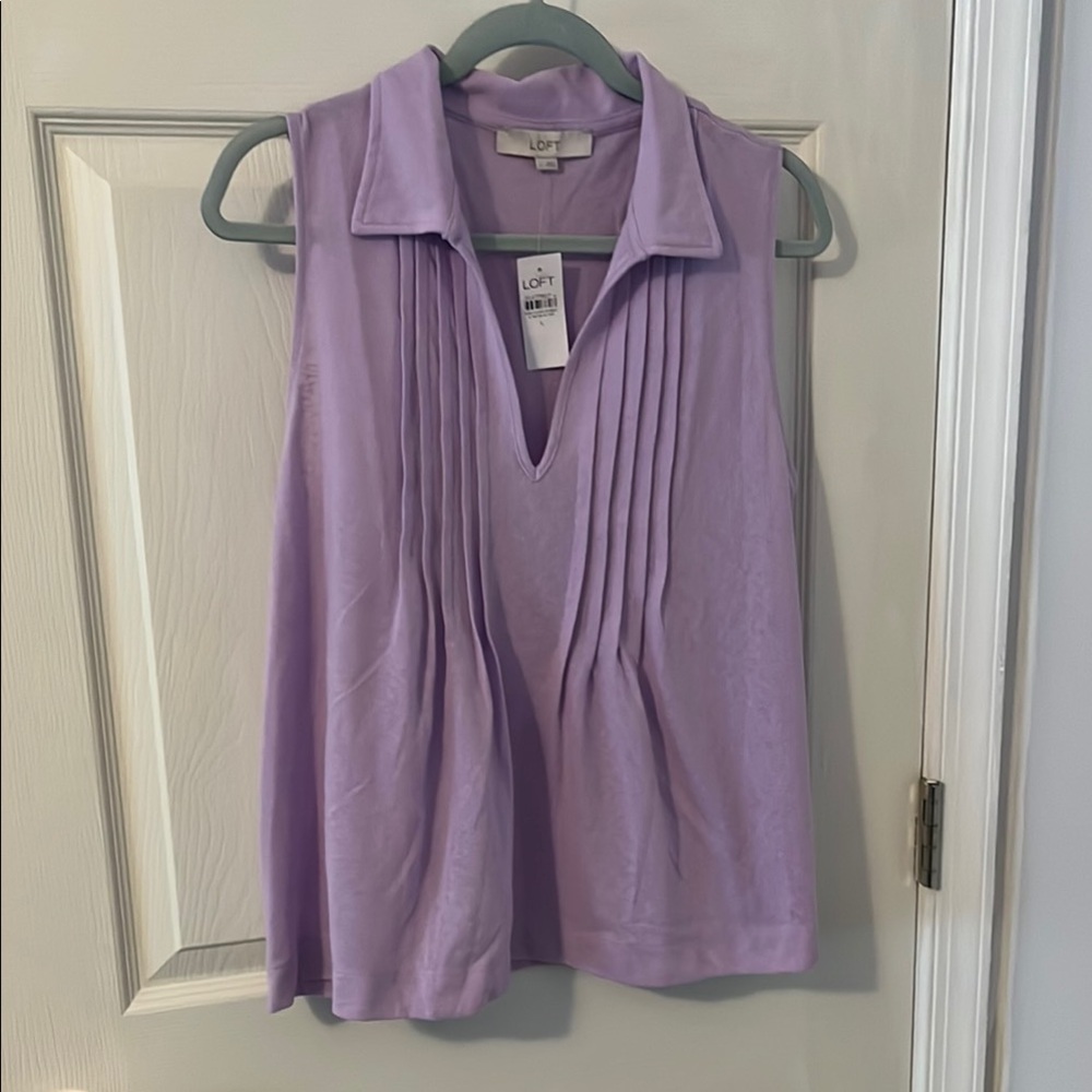 LOFT Purple Pleated Blouse with Notched Collar